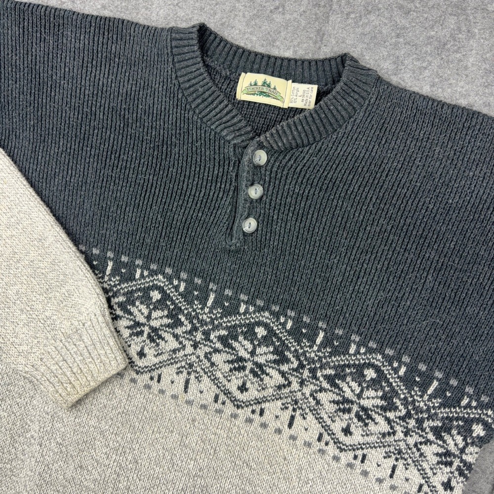VTG Timber Trail Sweater Mens Large Gray Snowflake Fair Isle Henley Made in USA